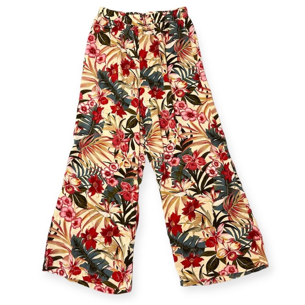 Evolutionary Tropical Floral Wide Leg Pants Boho Vacation Beach Flowy Sz Small